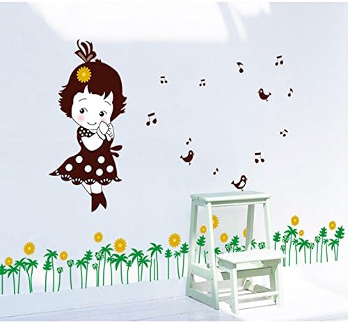 Shy Girl Birds Singing Music Notes Flowers Green Leaves Wall Decal PVC Home Sticker House Vinyl Paper Decoration WallPaper Living Room Bedroom Kitchen Art Picture DIY Murals size 50x70 mj7016b