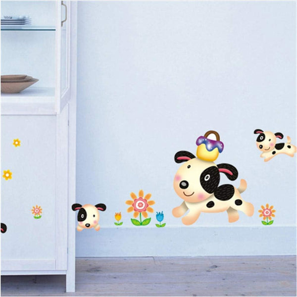 Happy Dogs and Flowers Leaves Wall Decal Home Sticker Ay7036