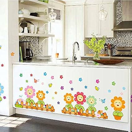 K2A Design Decorative Beautiful Multicolour Funny face Flowers Butterflies Flying Bees Wall Sticker for Home décor (PVC Vinyl Covering Area 116X54 cm)