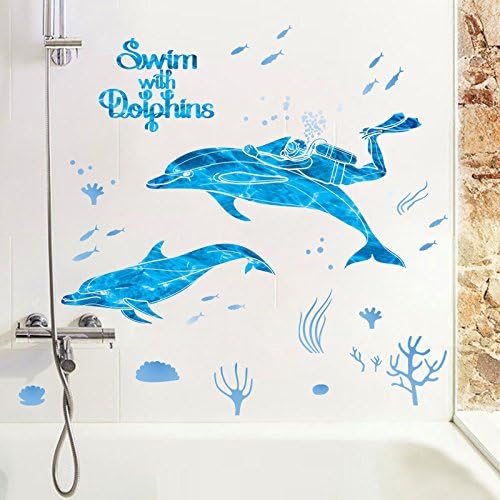 DNVEN DIY 39 inches x 32 inches Divers Swim with Dolphins Animals Wall Stickers Decals Decorations for Children Nursery Kids Room size 50x70 xls7205