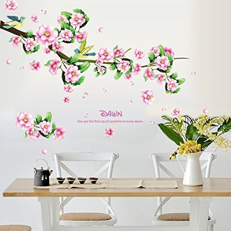 Wall Decal Pink Flowers Green Leaves Lovely Birds Home Sticker Ay7206