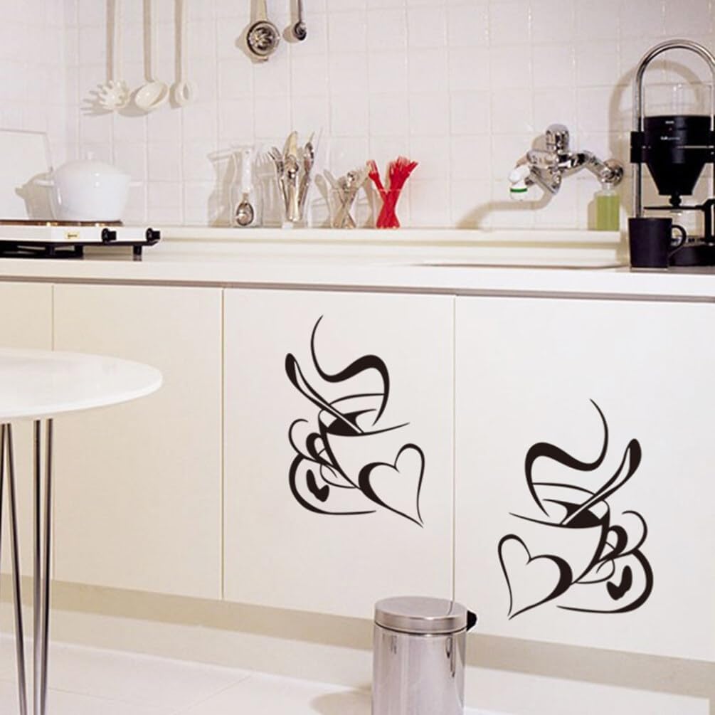 WINOMO 2 Pieces Coffee Cup Wall Stickers Removable DIY Vinyl Heart Wall Sticker for Kitchen Living Room Cafes Restaurant Wall Decoration Black size 20x45 nc125