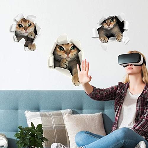 3PCS 3D Cats Wall Sticker Cartoon Animal Hole View Decals Removable DIY Decoration Pet Love for Baby Kids Nursery Room Kitchen Living Room Bedroom Bathroom size 50x70 sk6071