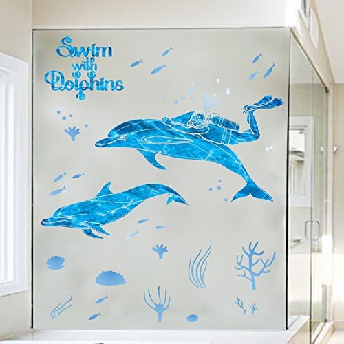 DNVEN DIY 39 inches x 32 inches Divers Swim with Dolphins Animals Wall Stickers Decals Decorations for Children Nursery Kids Room size 50x70 xls7205