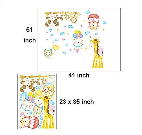 Happy Day Animals Baby Safari Hanging Bears and Monkeys Wall Decals Blue Coulds Heart Ballon Removable Toddlers Room  size 60x90 ay9182
