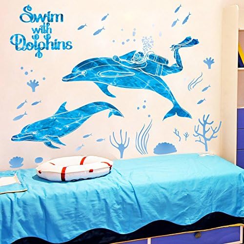 DNVEN DIY 39 inches x 32 inches Divers Swim with Dolphins Animals Wall Stickers Decals Decorations for Children Nursery Kids Room size 50x70 xls7205