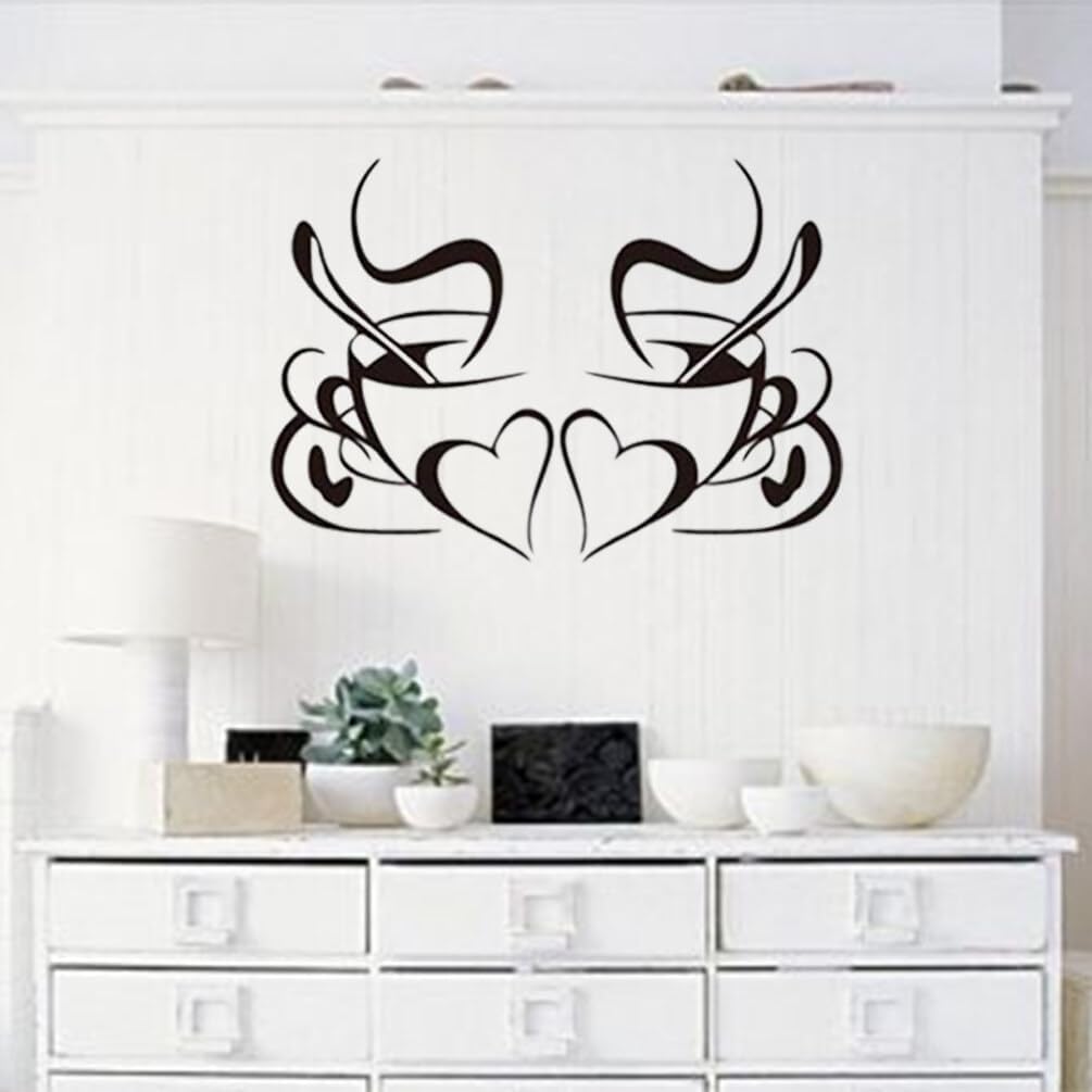 WINOMO 2 Pieces Coffee Cup Wall Stickers Removable DIY Vinyl Heart Wall Sticker for Kitchen Living Room Cafes Restaurant Wall Decoration Black size 20x45 nc125