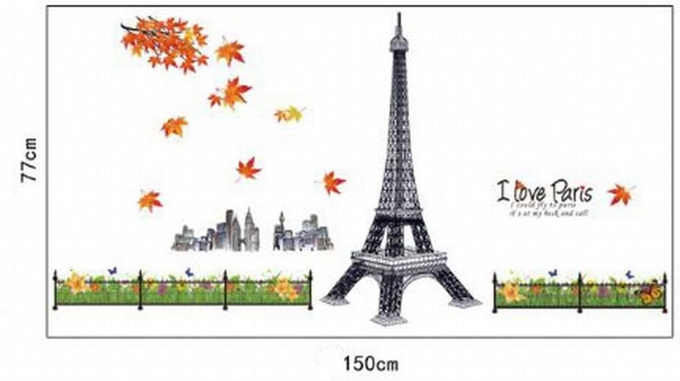 Wall Sticker Paris Eiffel Tower Autumn Red Maple Leaf Park Flower Banner European City Landscape for Living Room Bedroom Decoration, size 60x90 (MJ9503)