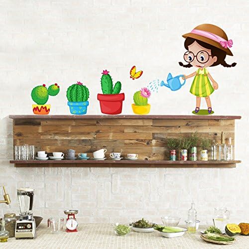 Removable wall sticker potted fresh plant living room bedroom cartoon girl wall sticker size 30x45 xh3212