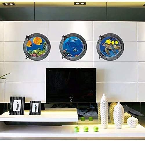 DNVEN Porthole Wall Decals Tropical Fishes Stickers 3D Under the Sea Ocean World Shark Sea Turtles Window View Faux Submarine Removable Murals for Bedrooms Boys Room Decor 13 inches x 13 inches x 3pcs z-1-004
