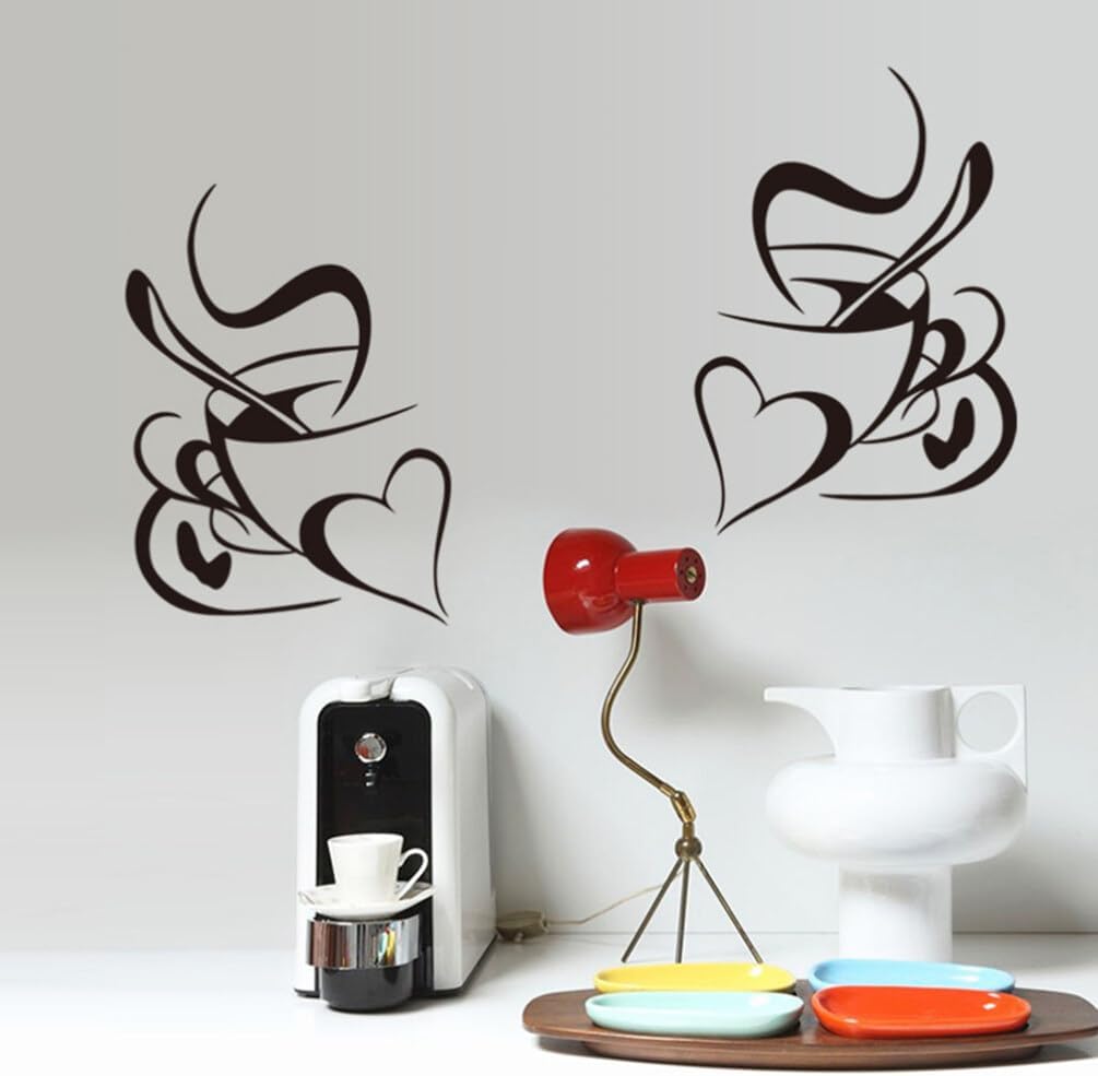 WINOMO 2 Pieces Coffee Cup Wall Stickers Removable DIY Vinyl Heart Wall Sticker for Kitchen Living Room Cafes Restaurant Wall Decoration Black size 20x45 nc125