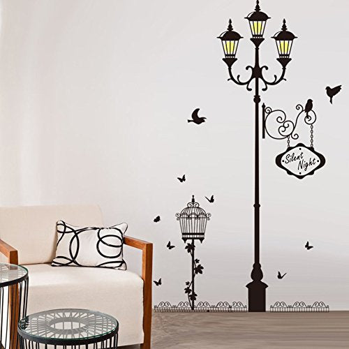 Wallpark Leise Nacht Thema - Europäisch Stil Straße Licht Lampe Vogel Schmetterling Abnehmbare Wandsticker Wandtattoo, Wohnzimmer Schlafzimmer Haus Dekoration Klebstoff DIY Kunst Wandaufkleber