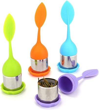 Silicone Tea Infuser -  Stainless Steel Strainer Drip Tray Included  (random color)