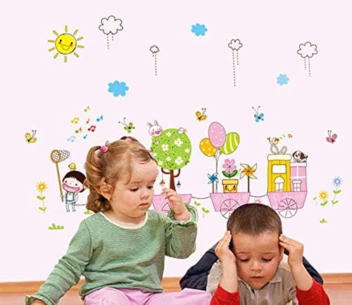 Cartoon girl rabbit balloon butterfly wallpaper flower windmill sun wall stickers children room classroom kindergarten wallpaper living room bedroom wall sticker size 50x70 ay7060