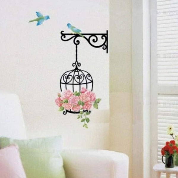 TYOLOMZ Rose Flower Birdcage Wall Sticker Flying Birds Plants Decals Adhesive Living Room Bedroom TV Wallpaper Kids Nursery Mural Decor