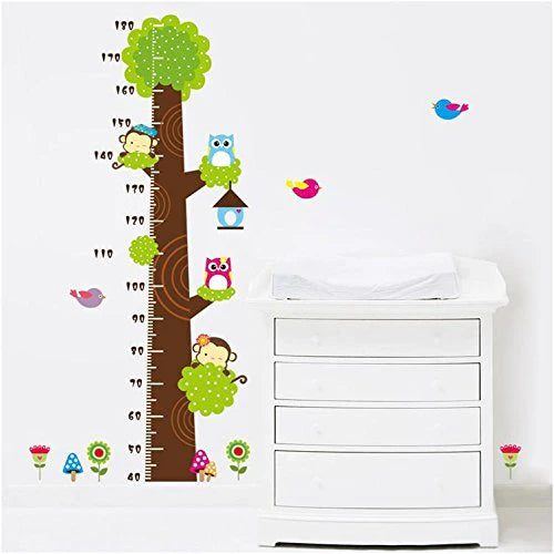 Simoshaw Height Measurement Growth Chart Tree Cute Monkey and Owls Wall Vinly Decal Decor Sticker size 50x70cm ncs006