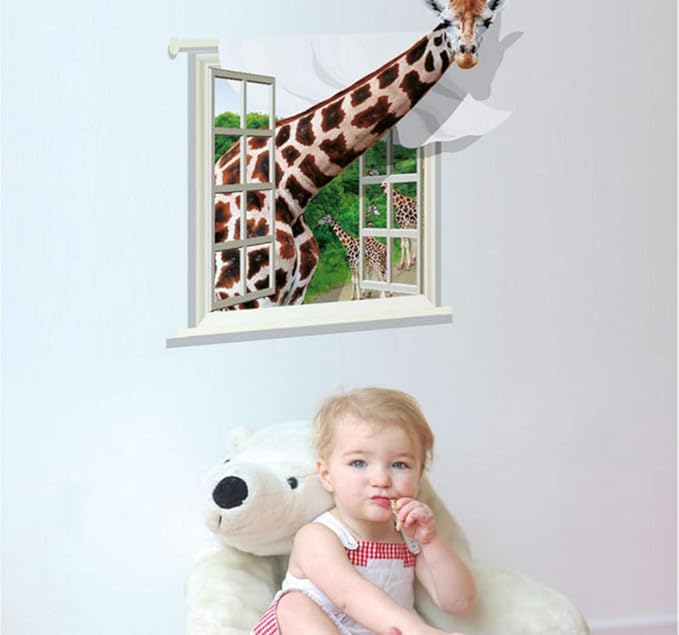 Wall Sticker 3D Animal Removable Wall Decals, Giraffe Creative Window Decal for Kids Room Living Room Decor size 60x90  xh0786c
