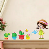 Removable wall sticker potted fresh plant living room bedroom cartoon girl wall sticker size 30x45 xh3212