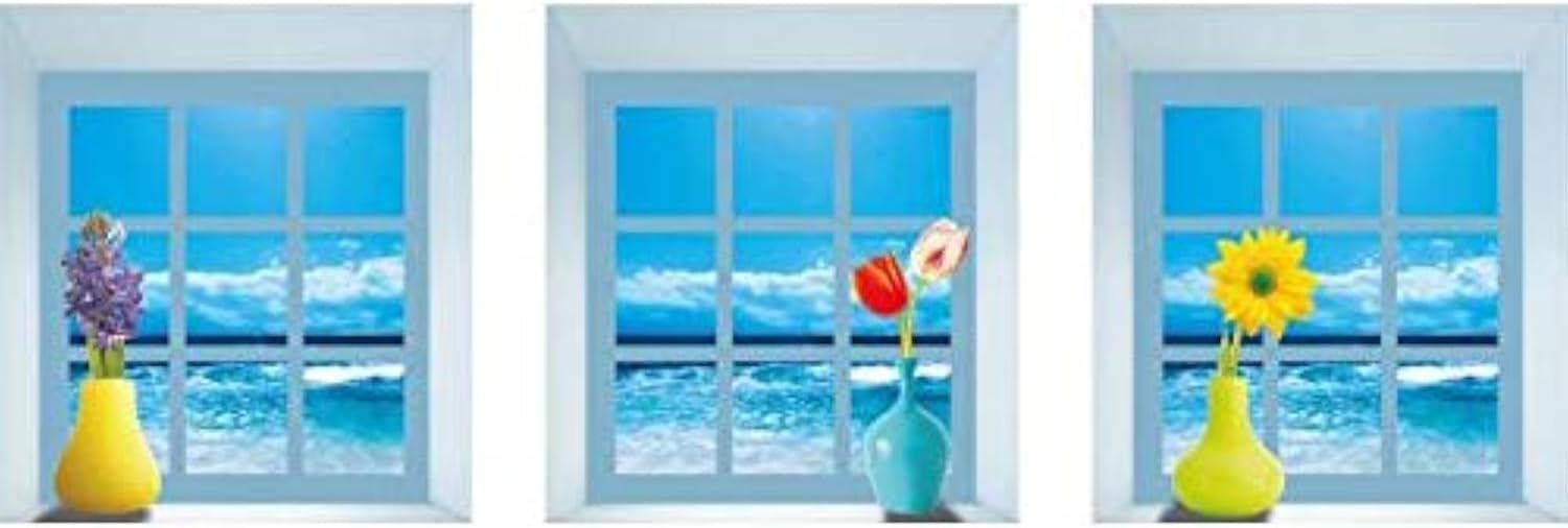 3D simulation sea view landscape Wall stickers set of 3 window frame Flower vase pattern Wall stickers size 30x120 z-003