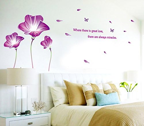 Purple Lily Flowers Butterflies English Letters Wall Sticker House Decal Removable Living Room Wallpaper size 60x90  ay9167