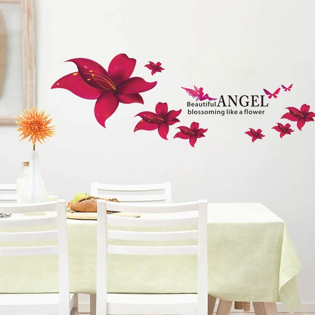 Ay647 Ubersweet® 3 Pieces Red Wall Sticker, Lily Flower Pattern Wall Decal, Removable Wall Sticker