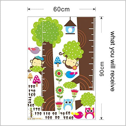 Simoshaw Height Measurement Growth Chart Tree Cute Monkey and Owls Wall Vinly Decal Decor Sticker size 50x70cm ncs006
