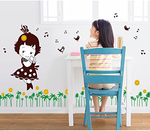 Shy Girl Birds Singing Music Notes Flowers Green Leaves Wall Decal PVC Home Sticker House Vinyl Paper Decoration WallPaper Living Room Bedroom Kitchen Art Picture DIY Murals size 50x70 mj7016b