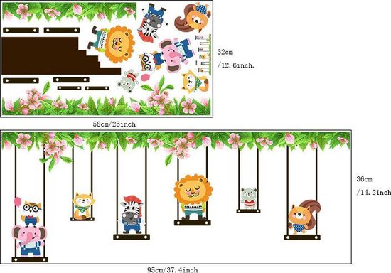 Wall Sticker Animals on Swing | Wall Decoration | Wall Decor | Bedroom | Children's Room | Nursery | Boy | Girl | Decorative Sticke size 35x55  dm3002