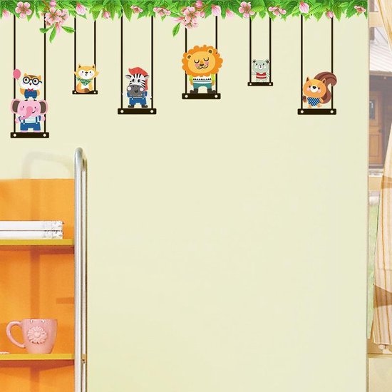 Wall Sticker Animals on Swing | Wall Decoration | Wall Decor | Bedroom | Children's Room | Nursery | Boy | Girl | Decorative Sticke size 35x55  dm3002