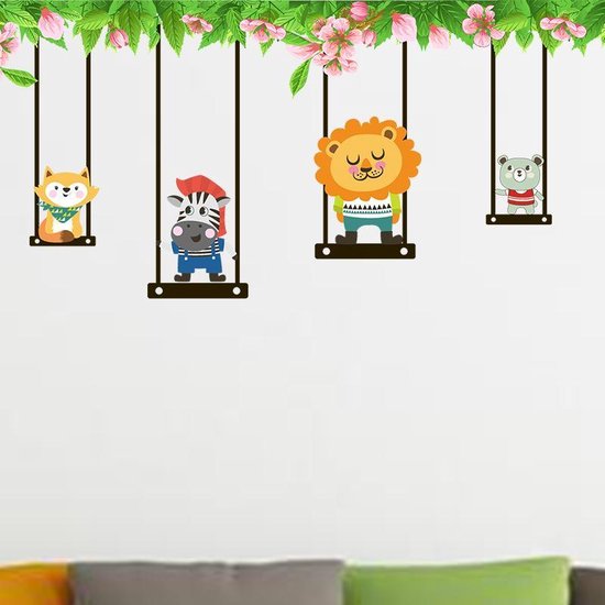 Wall Sticker Animals on Swing | Wall Decoration | Wall Decor | Bedroom | Children's Room | Nursery | Boy | Girl | Decorative Sticke size 35x55  dm3002