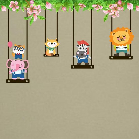 Wall Sticker Animals on Swing | Wall Decoration | Wall Decor | Bedroom | Children's Room | Nursery | Boy | Girl | Decorative Sticke size 35x55  dm3002