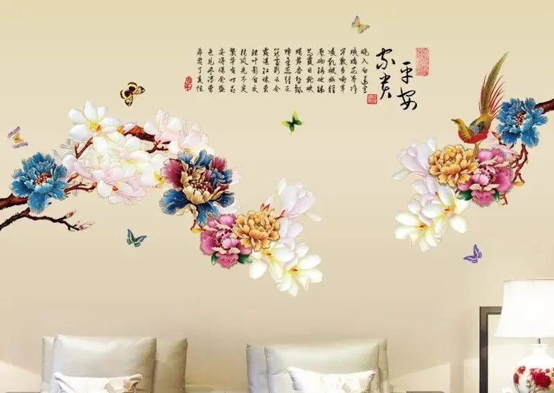 Vinyl wall stickers Blooming peonies and pheasants (sheet 60 x 90 cm) B288 size 60x90 nc1032