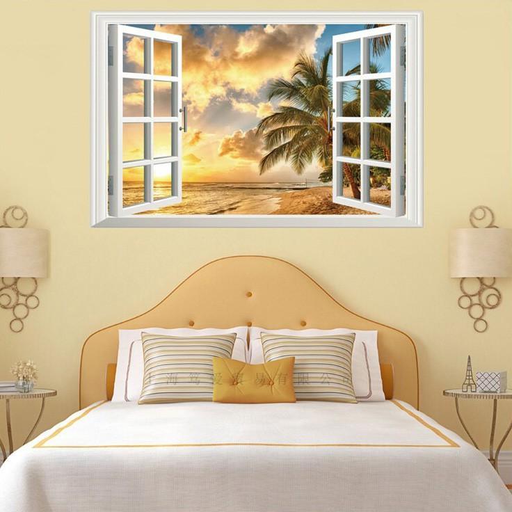 3D wall background wall stickers XL8022B sunset under the beach fake windows wall stickers 3D Sticker