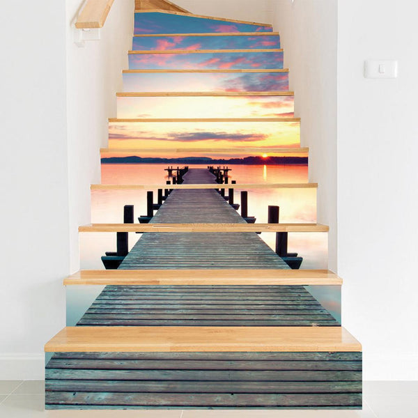 Fashion 12piece installation stair sticker, promenade, sunset, ocean, waterfall, street style waterproof can remove stair sticker JF5602 Single sheet layout size:97 * 17cm(Approx.)