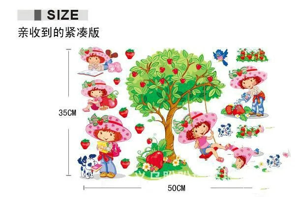 Hot Style Strawberry Shortcake Girls Wall Stickers Apple Tree Swing Decorative Wall Decal Bedroom Children Room Classroom size 35x50cm dm350012