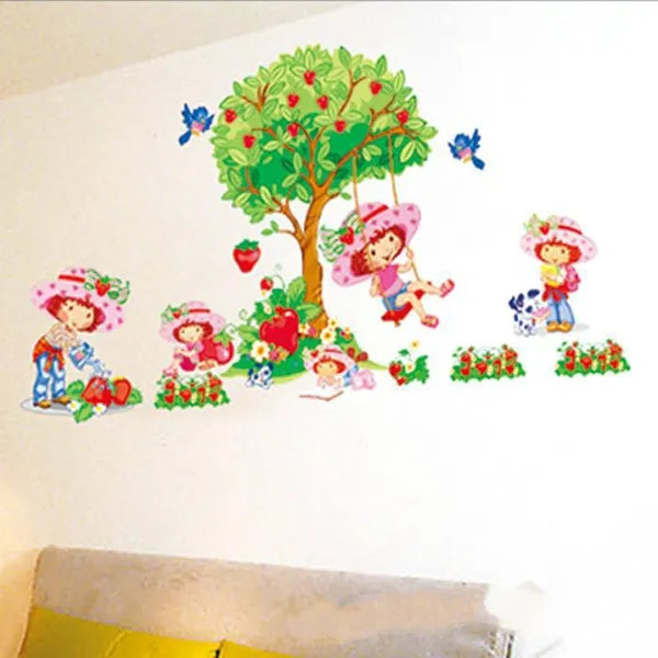 Hot Style Strawberry Shortcake Girls Wall Stickers Apple Tree Swing Decorative Wall Decal Bedroom Children Room Classroom size 35x50cm dm350012