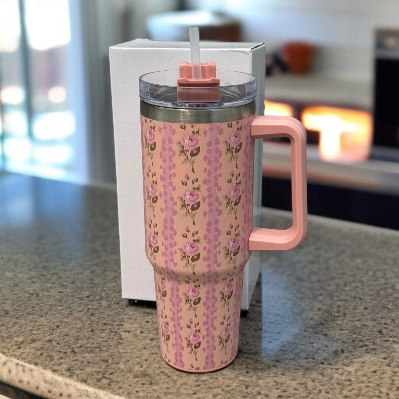 Floral Insulated Travel Tumbler with Ergonomic Handle and Leak-Resistant Lid – 40oz Double-Wall Vacuum Flask ( RANDOM COLOUR )