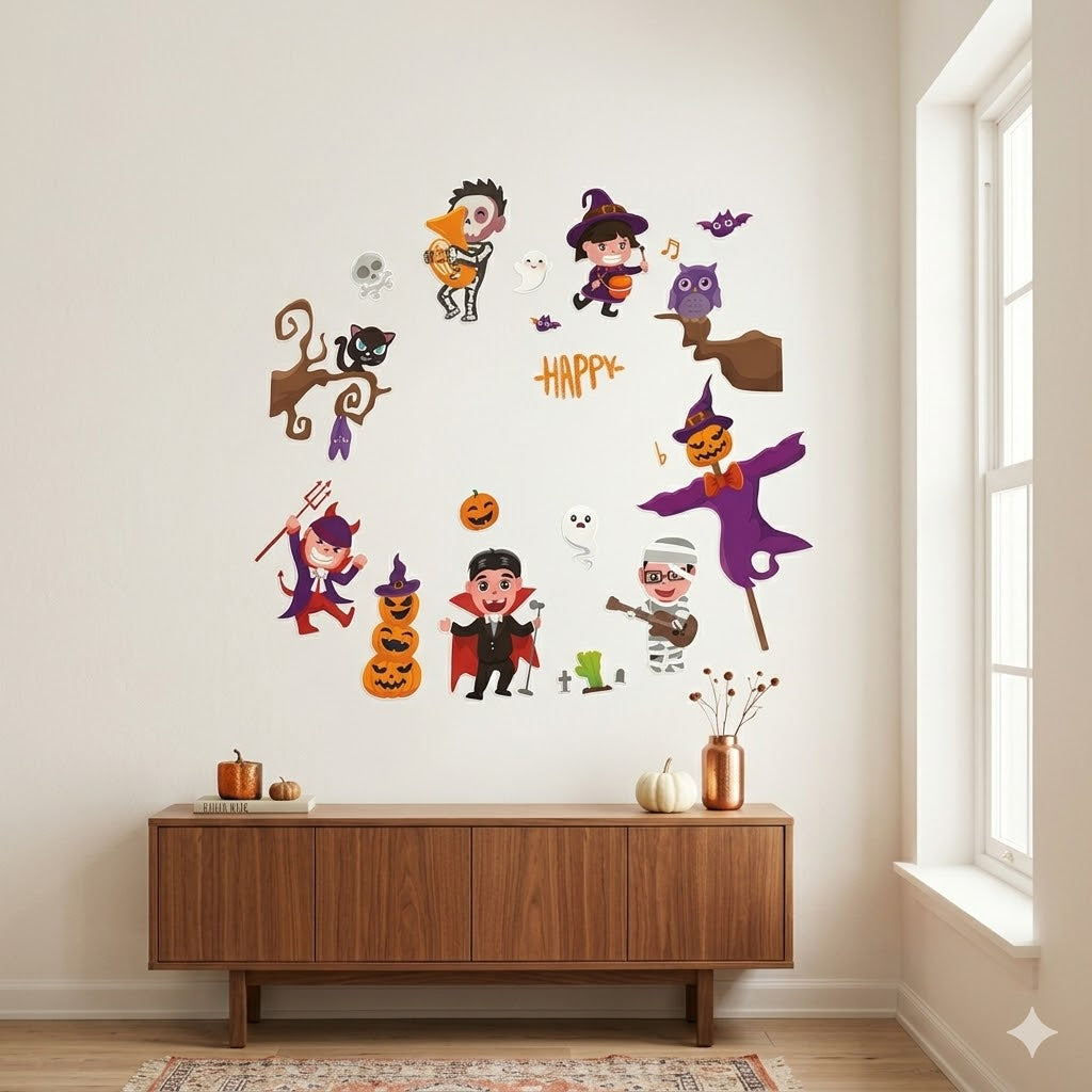 Cute Halloween Characters Wall Sticker Set – Spooky Music Band Kids Room Decor 30x45cm 4 pieces aq6002