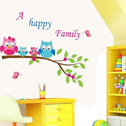 Home Decoration Kid's Room Decal Cartoon Cute Happy Owl Family Wall Sticker size 45x60 ay6013