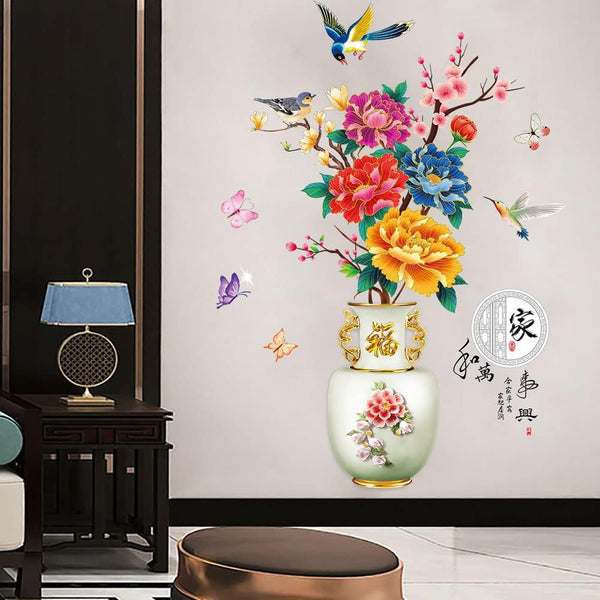 Dechom Peony Flower Pot Vase Wall Sticker Home Wall Art Hallway Corridor Background Aesthetic Decoration Wall Mural Vinyl Decals