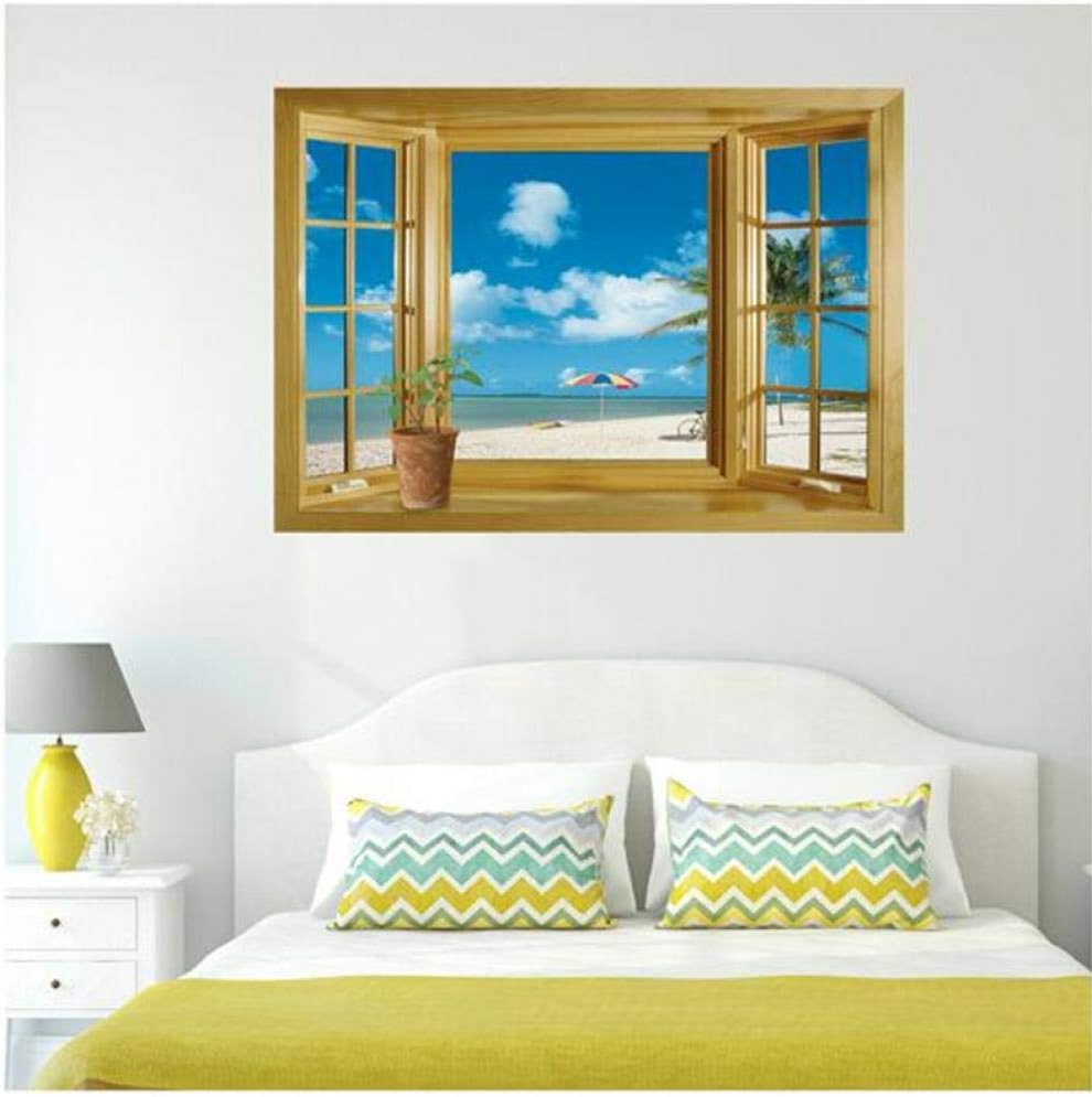 Oulensy 3D Window Scenery Beautiful Sea Beach View wall sticker fake window poster decorative poster Home Decor Vinyl Art Decal Mural  size 60x30  ncs0026  Wall Decor Sticker