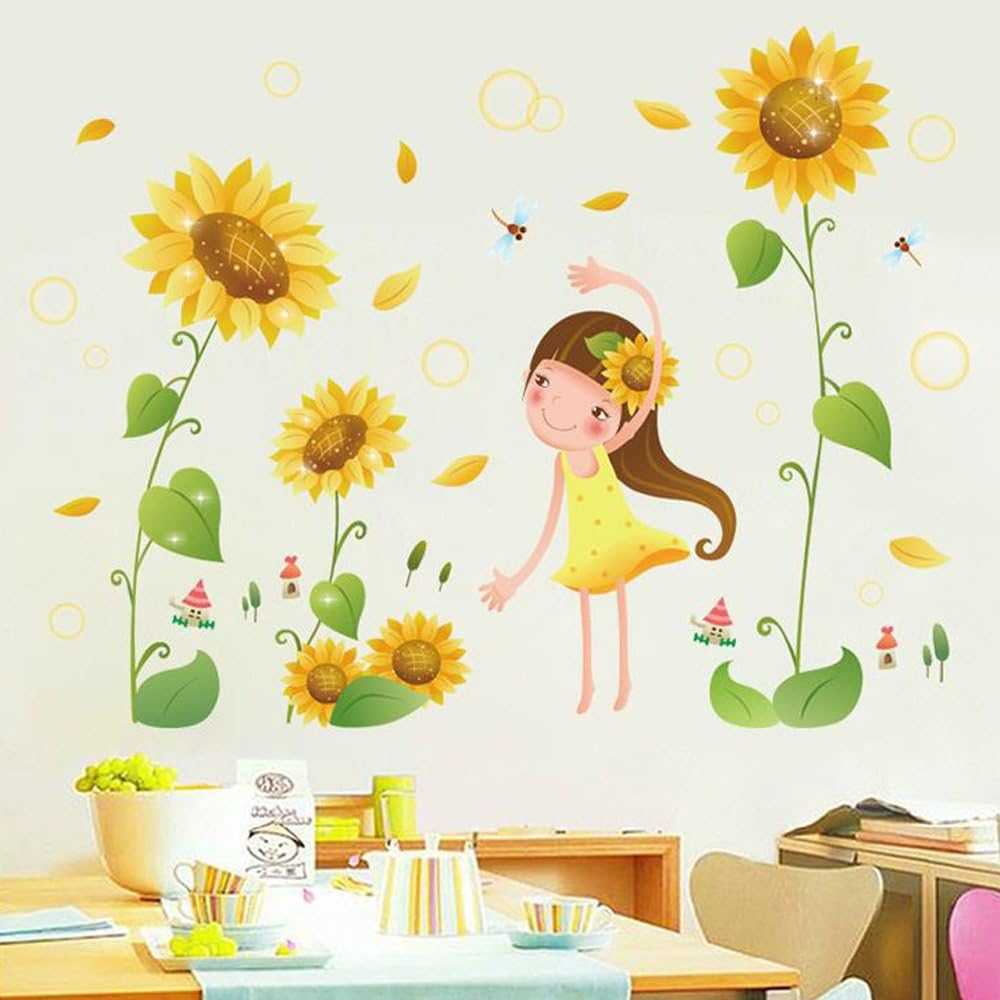 fashionbeautybuy Girl Sunflower Flowers Dragonfly Wall Sticker Decal Home Decor PVC Murals Wallpaper House Art Picture Living Room Adult Senior Teen Kids Baby Bedroom Decoration size 50x70 xls7192