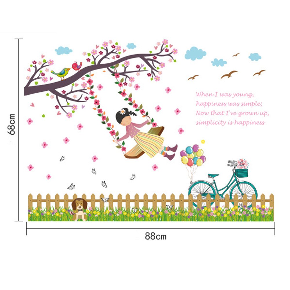 Swing Girl Baseboard Flowers Tree Birds Butterflies Wall Decal Home Sticker PVC Murals Paper House Decoration Wallpaper Living Room Bedroom Art Picture for Kids Teen Senior Adult Baby size 50x70 sk7051