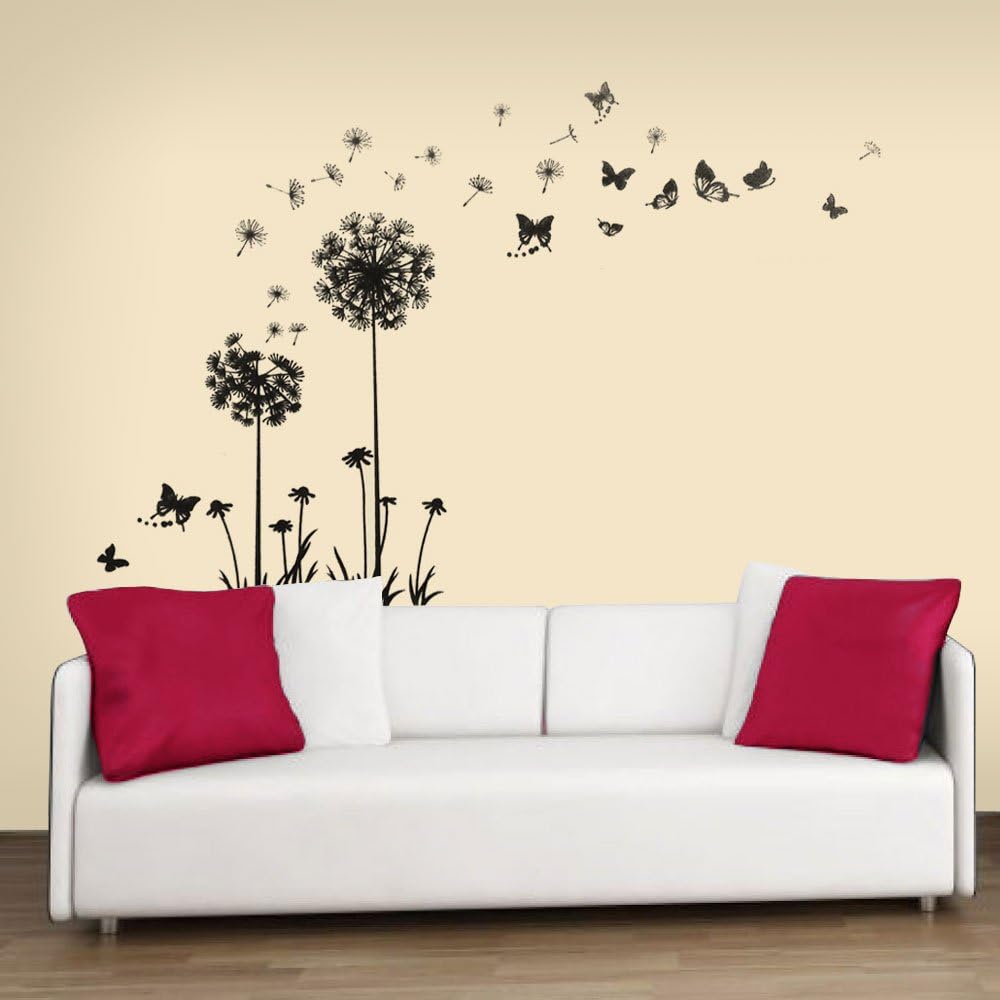 Dandelion Wall Stickers Flower Butterflies Flying Mural Art Decal Self-Adhesive Home Decoration DIY Living Bedroom Office Decor Kids Room Wallpaper  size 50x70  lm7030