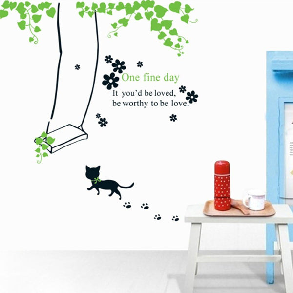 DM570067 Top of top store Removable Wall Stickers Home Decor Butterfly Flowers Trees Cartoon Animals Wall Decals for Bedroom Kitchen Kids Room (Swing Cat)