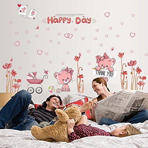 ORDERIN Christmas Gift Romantic Pink Cat Removable Mural Wall Stickers Wall Decal for Living Room and Children Bedroom Wall and Home Decor  size 50x70 ay7280