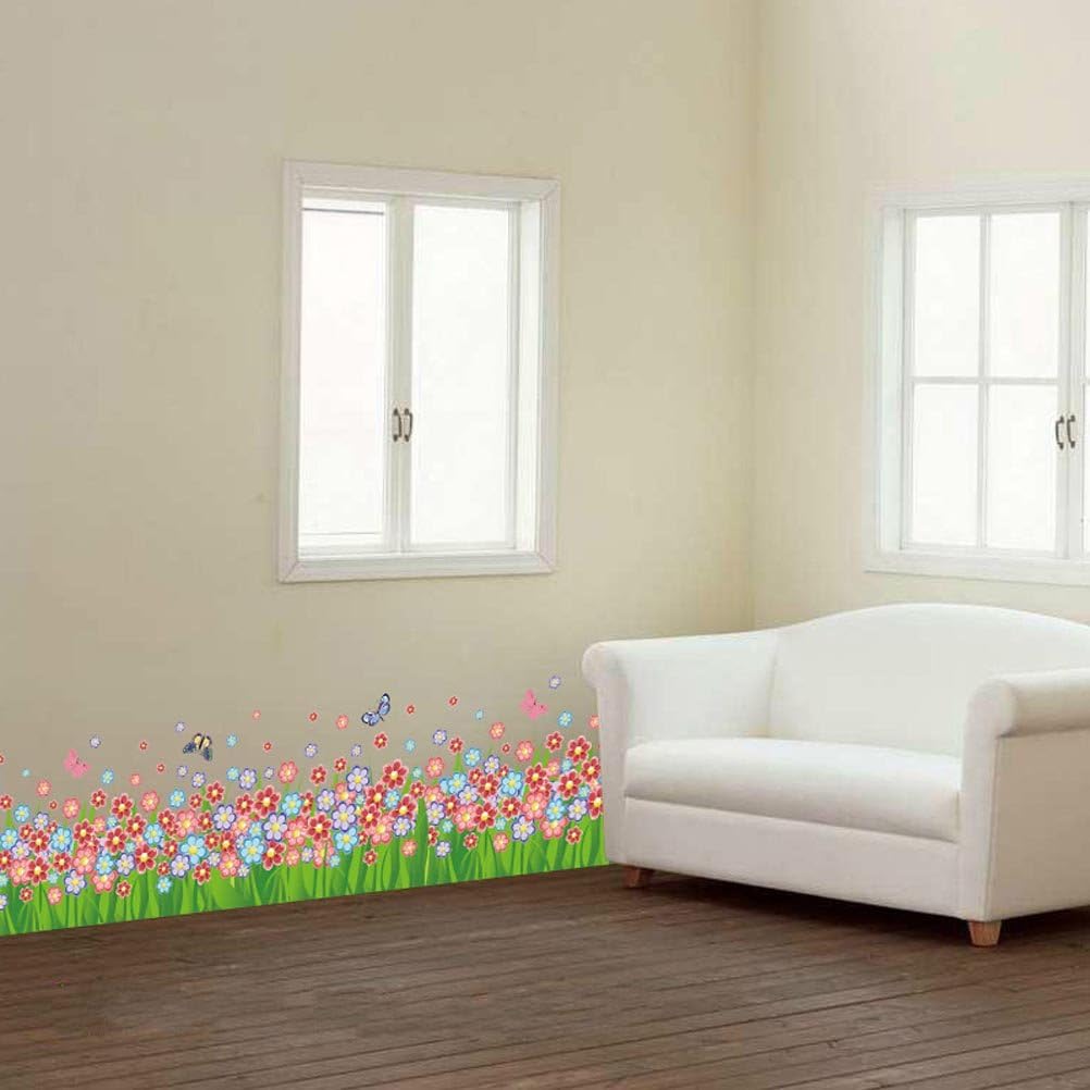 BIBITIME Green Grass Colorful Flower Border Vinyl Decals Living Room Bedroom Children's Room size 50x70 xh7216