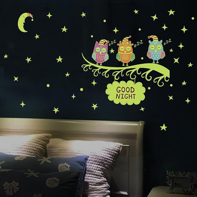 Two Wall Stickers,Techfeed Night Light Wall Decals and Branch Owl Wall Stickers for Kids Rooms Bedroom Decorative Removable Wall Decor Stickers for Girls Boys size 30x60 HM31006Y