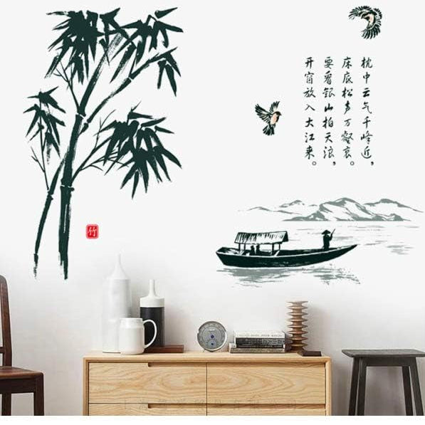 Wall Sticker Stylish Japanese Style Japanese Pattern Bamboo Flower Plant Sticker Bird Sticker Bamboo Forest Bath Wallpaper  size 60x90 sk9015