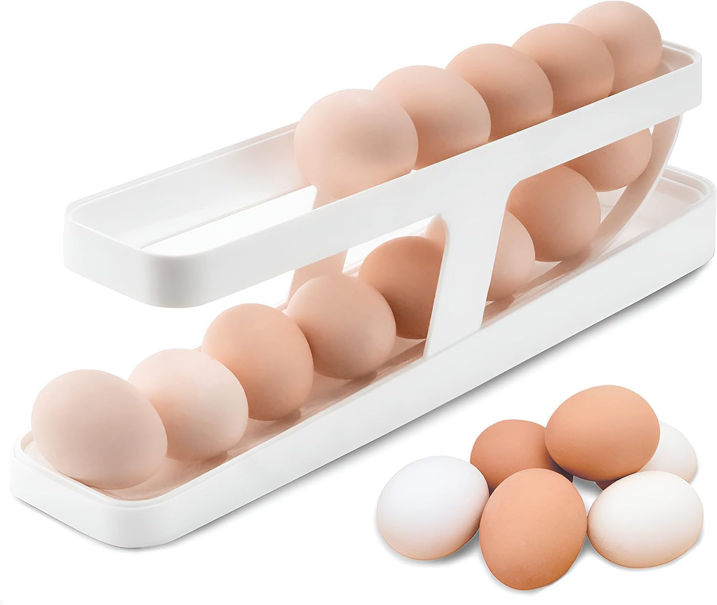 2 Tier Automatic Rolling Egg Holder for Refrigerator, Fridge Egg Dispenser Tray & Kitchen Egg Storage Rack
